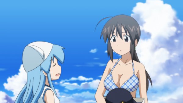 :d ^_^ anime ass beach big_breasts bikini blue_bikini breasts cleavage cop ecchi furukawa_keiko happy ikamusume keiko_furukawa police police_officer shinryaku!_ikamusume side-tie_bikini smile squid_girl
